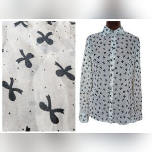 White Chiffon With Black Velvet Bows Button Down Blouse Size M